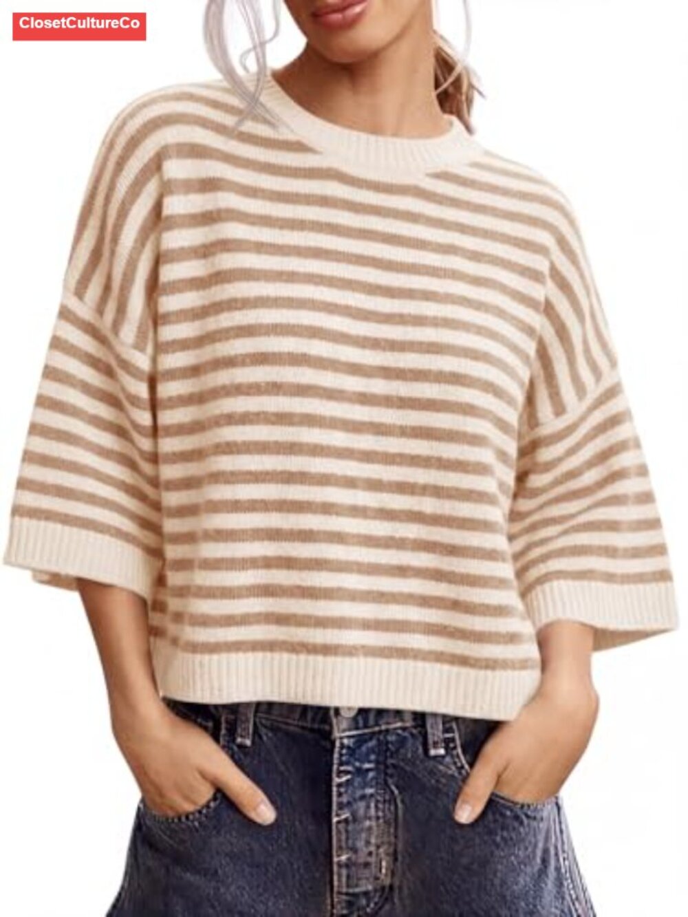 Striped Oversized Short Sleeve Sweater Crewneck Knit Pullover Top